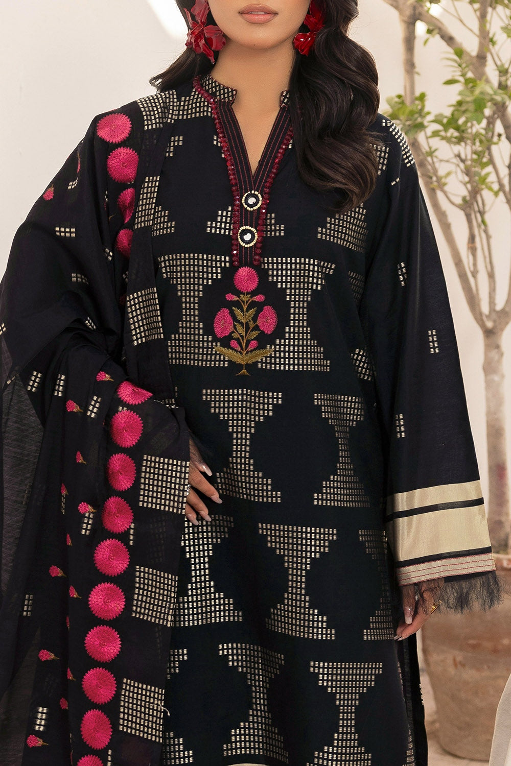 3 Piece Unstitched Embroidered Jacquard Suit with Embroidered Jacquard Dupatta FE-52106