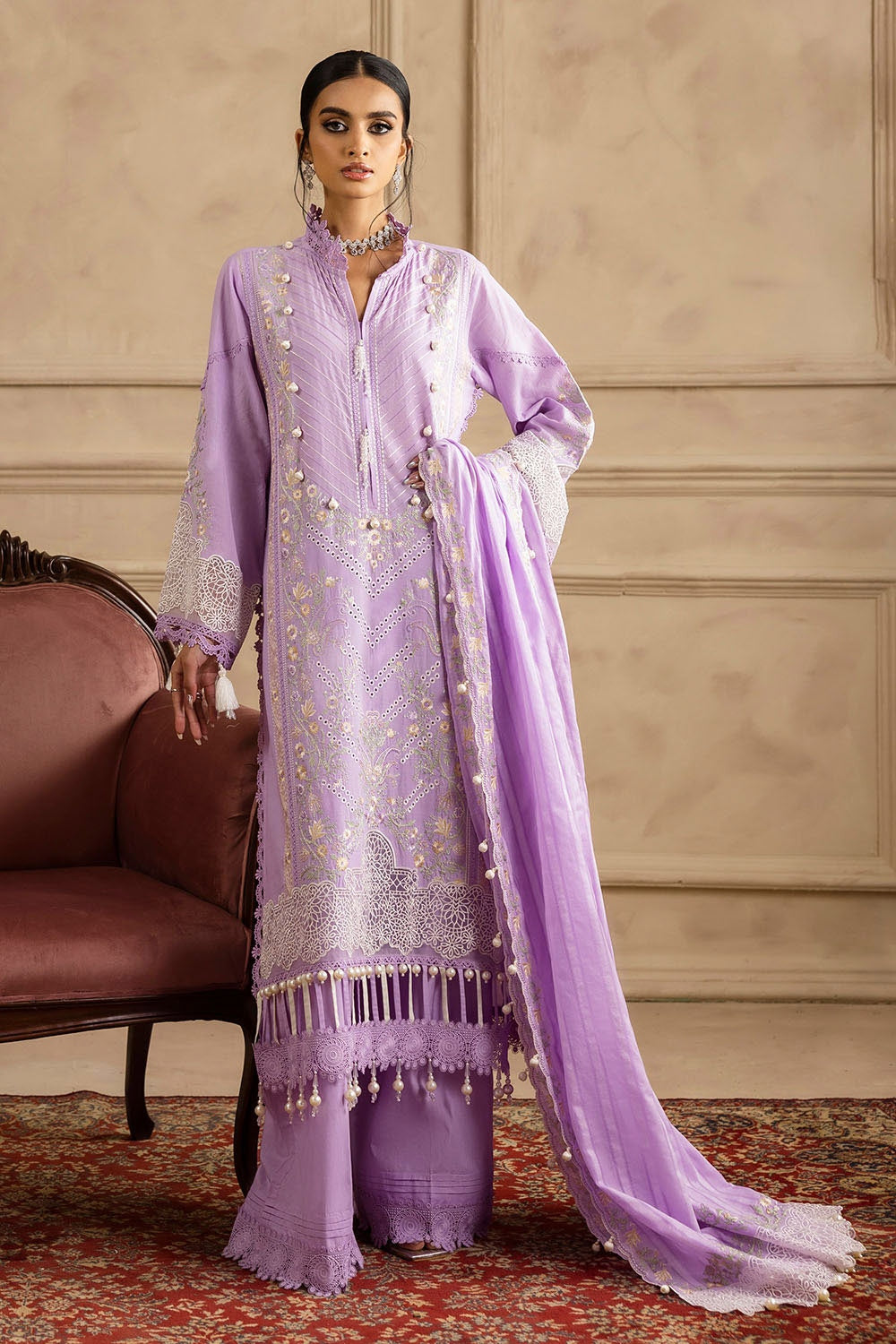 3 Piece Unstitched Embroidered Lawn Suit with Embroidered Leno Dupatta PM-52034