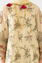 3 Piece Unstitched Embroidered Printed Monar Slub Suit with Embroidered Net Dupatta FE-52010