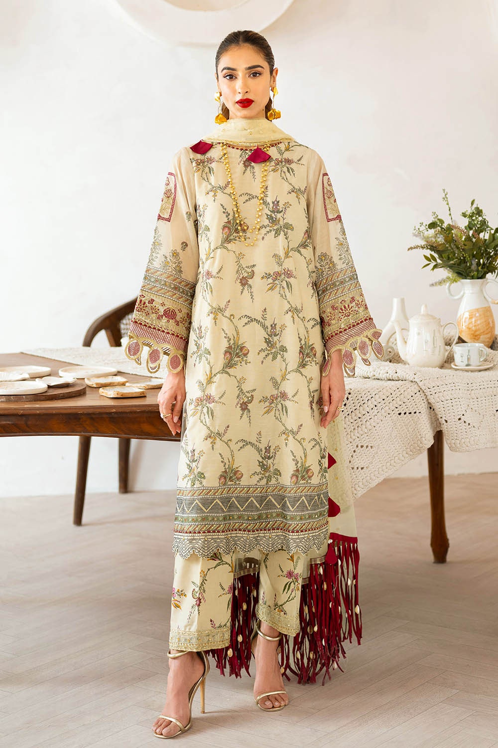 3 Piece Unstitched Embroidered Printed Monar Slub Suit with Embroidered Net Dupatta