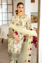 3 Piece Unstitched Embroidered Printed Monar Slub Suit with Embroidered Net Dupatta FE-52010