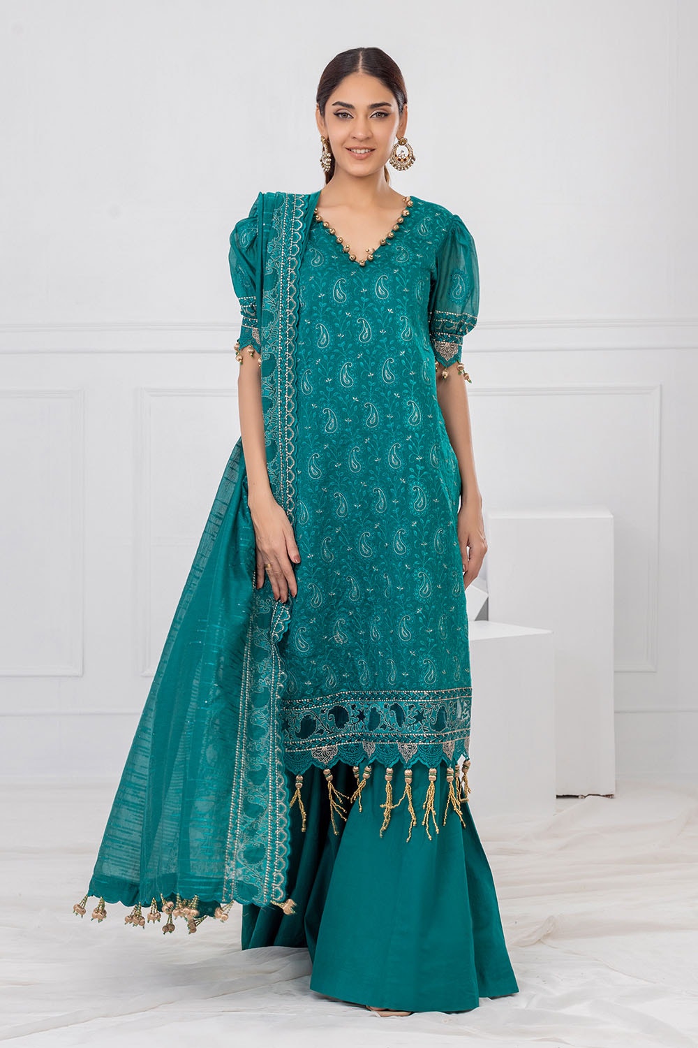 3 Piece Unstitched Embroidered Paper Cotton Suit with Embroidered Paper Cotton Dupatta FE-52032
