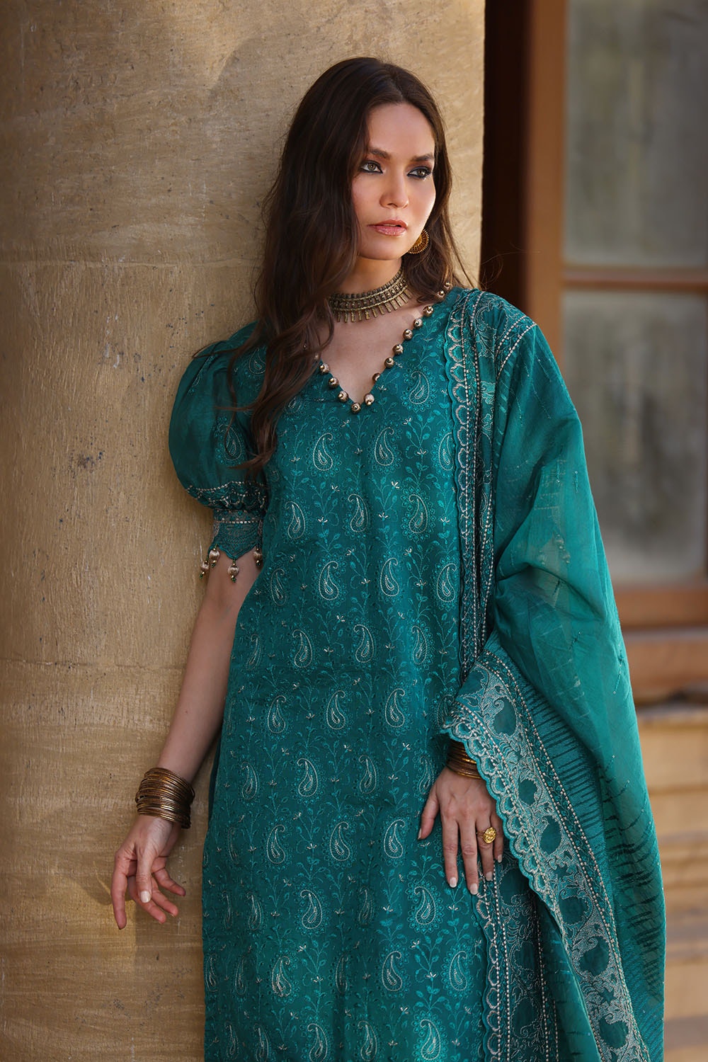 3 Piece Unstitched Embroidered Paper Cotton Suit with Embroidered Paper Cotton Dupatta FE-52032