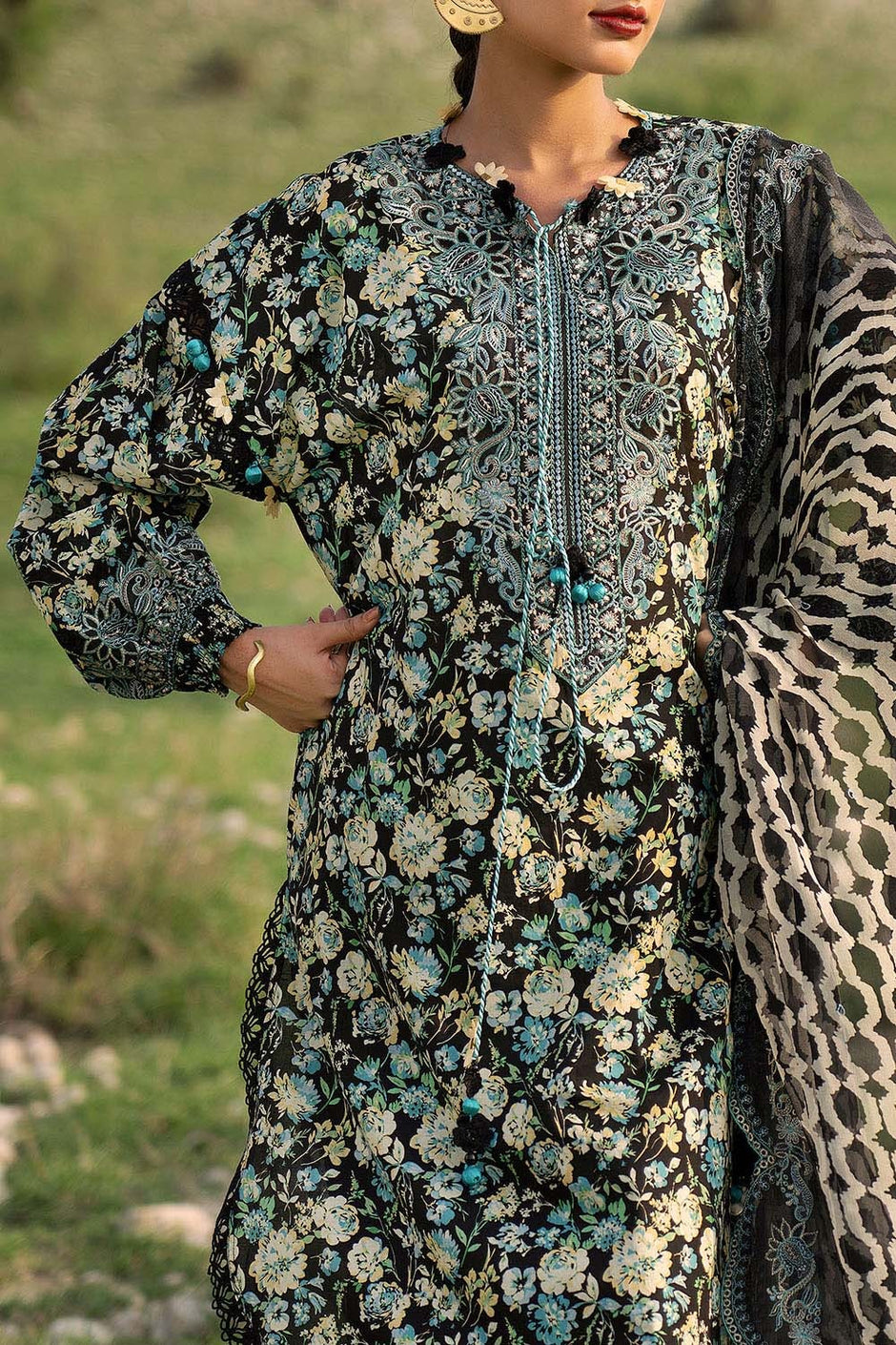 3 Piece Unstitched Printed Lawn Suit with Embroidered Chiffon Dupatta
