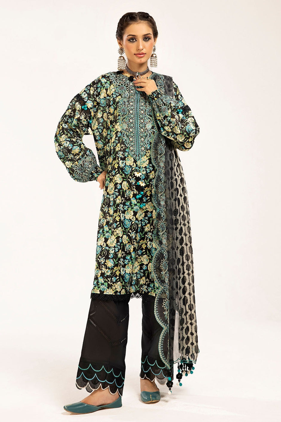 3 Piece Unstitched Printed Lawn Suit with Embroidered Chiffon Dupatta