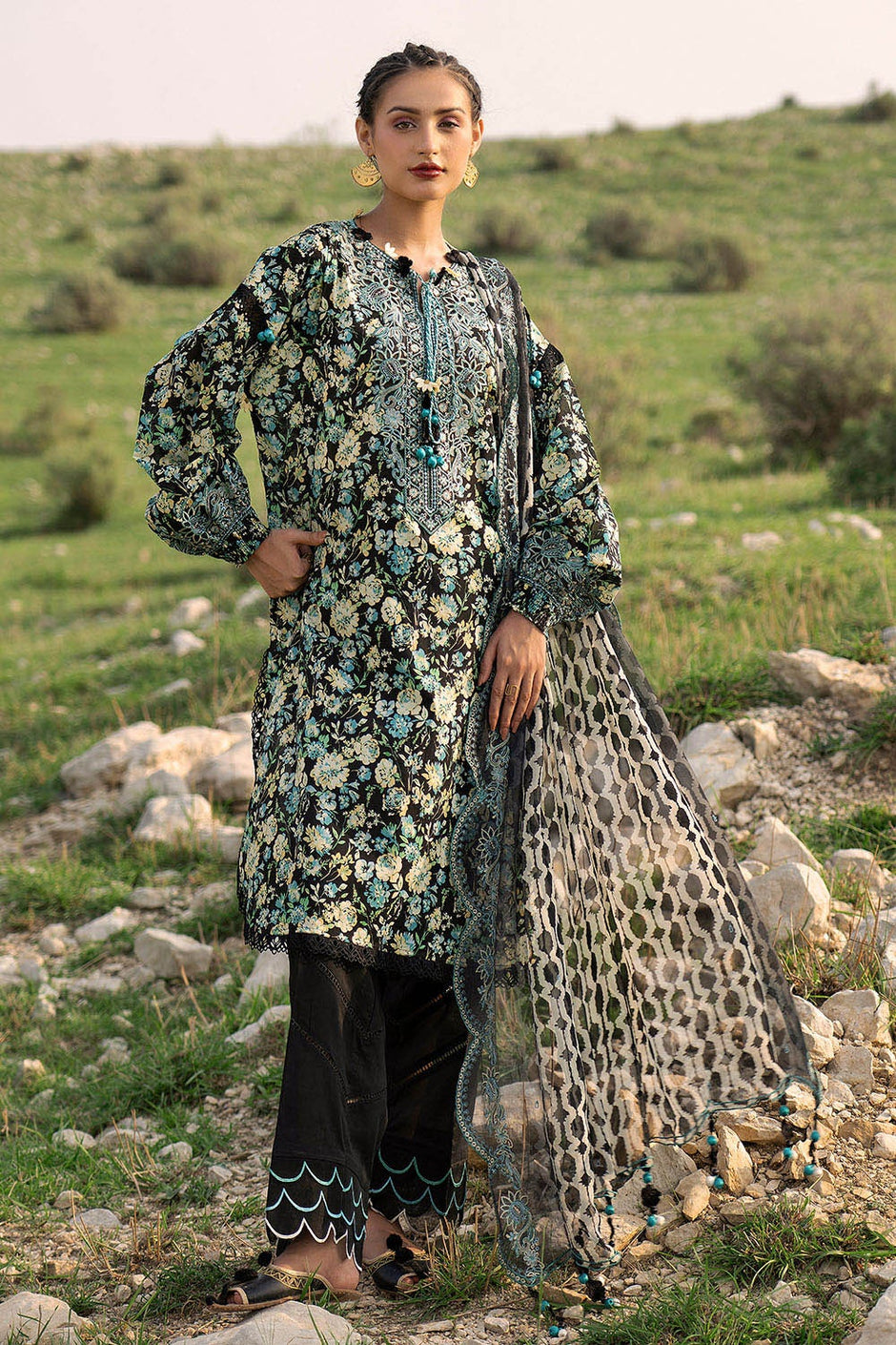 3 Piece Unstitched Printed Lawn Suit with Embroidered Chiffon Dupatta