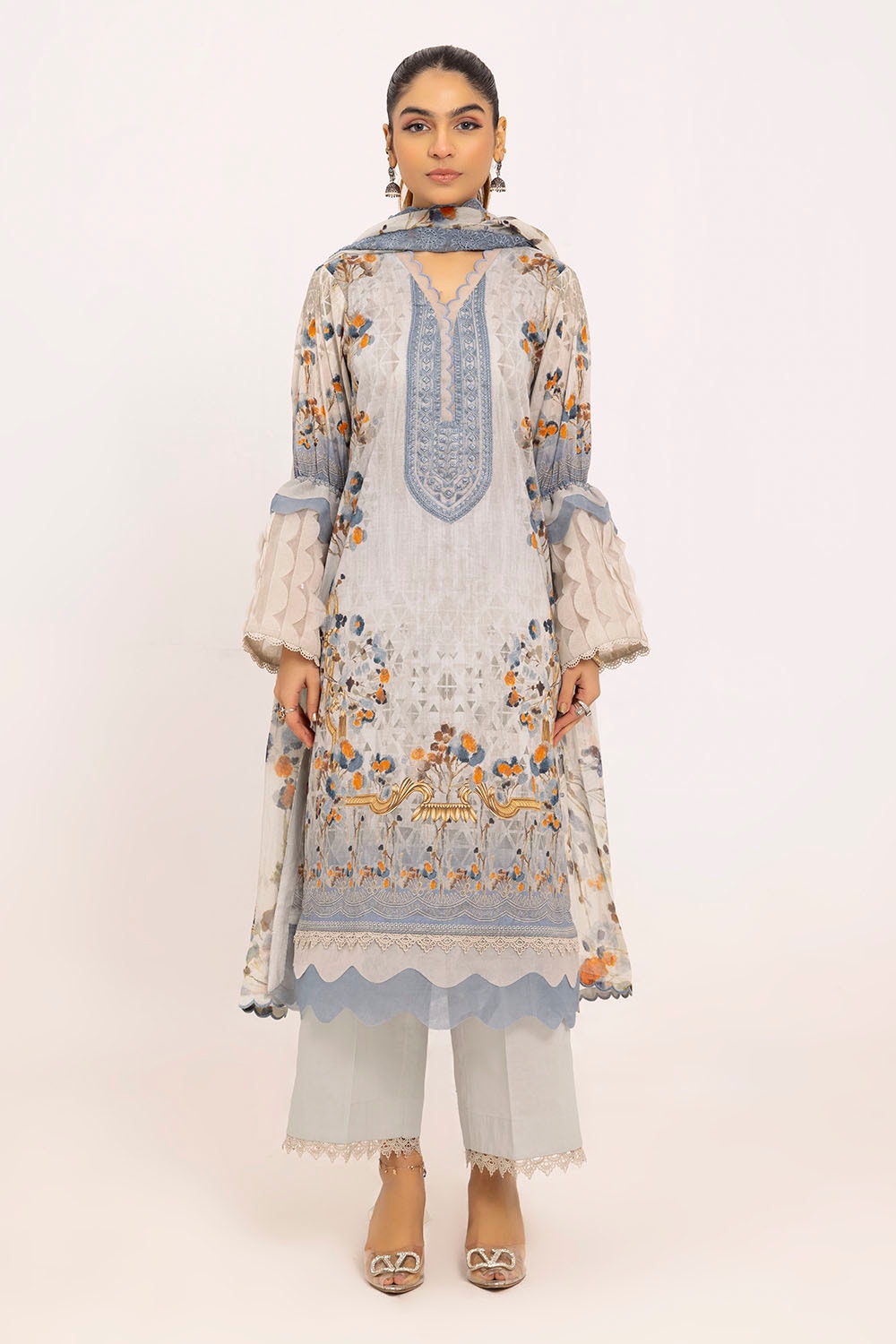 3 Piece Unstitched Embroidered Printed Lawn Suit with Embroidered Printed Chiffon Dupatta BCT-52014
