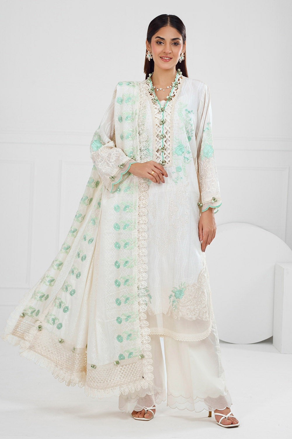 3 Piece Unstitched Embroidered Stripe Suit with Embroidered Stripe Dupatta FE-52014
