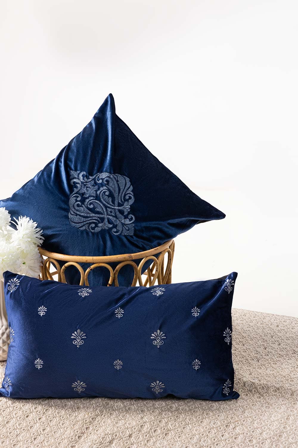 Essential Navy Velvet Embroidered Deck Cushion Cover