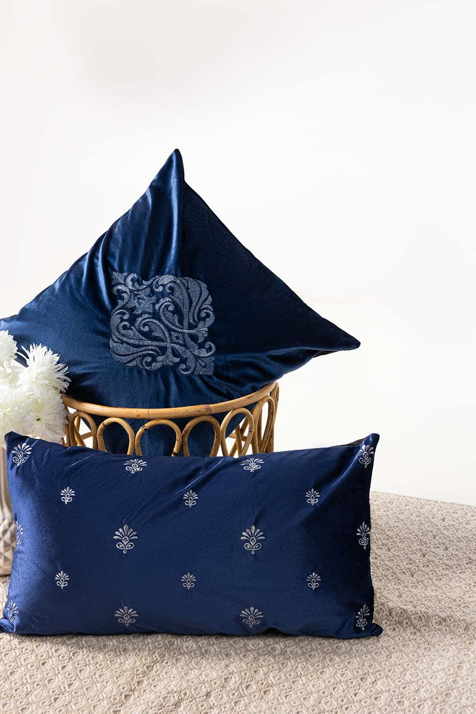Essential Navy Velvet Embroidered Deck Cushion Cover