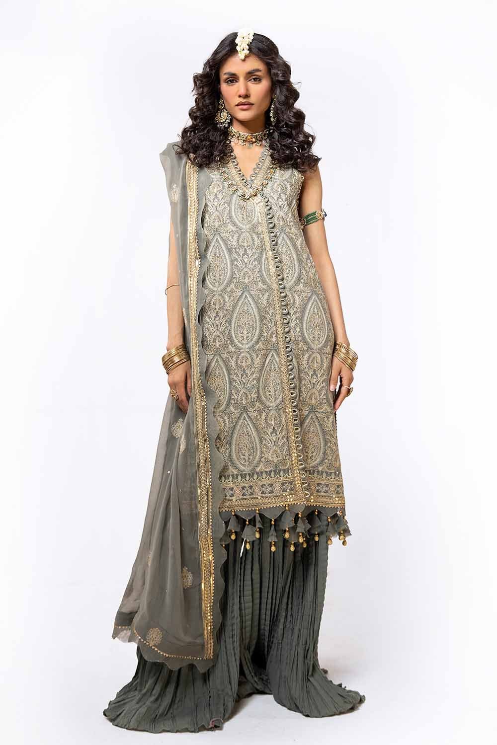3 Piece Unstitched Embroidered Chiffon Suit with Zari Sequins Embroidered Chiffon Dupatta FE-42013