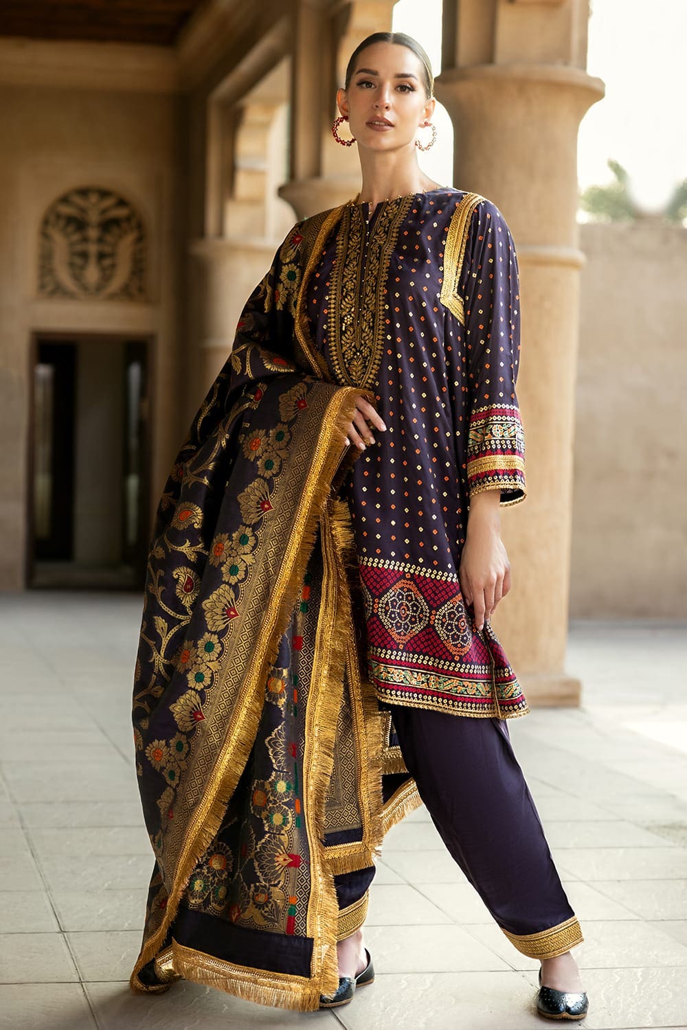 3 Piece Gold and Lacquer Printed Raw Silk Unstitched Suit with Jacquard Dupatta FE-42079