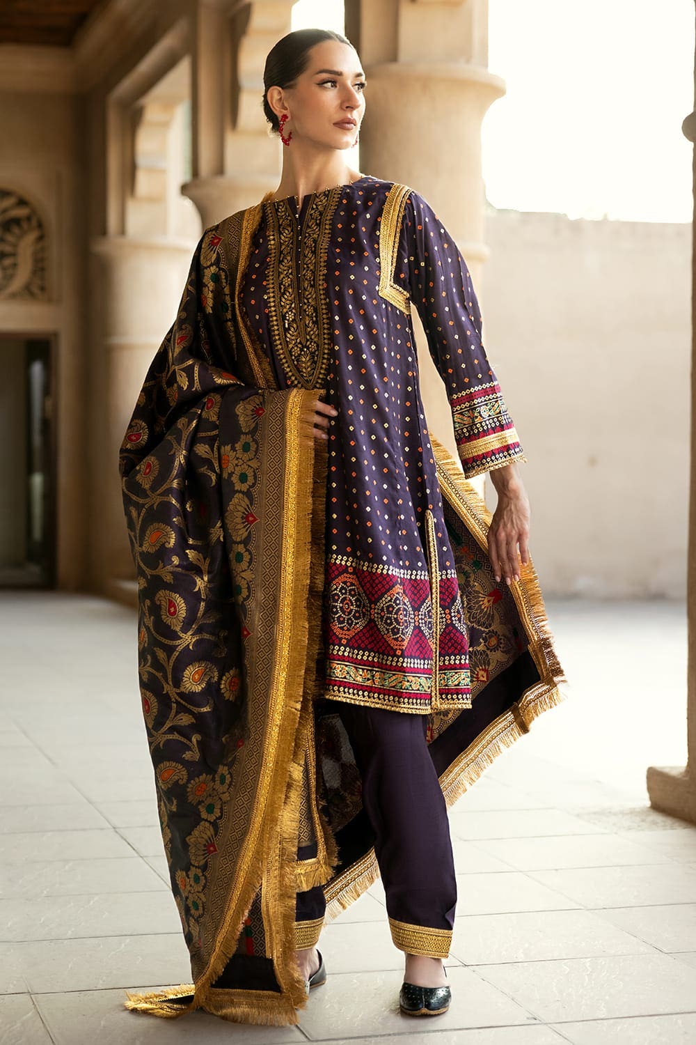 3 Piece Gold and Lacquer Printed Raw Silk Unstitched Suit with Jacquard Dupatta FE-42079