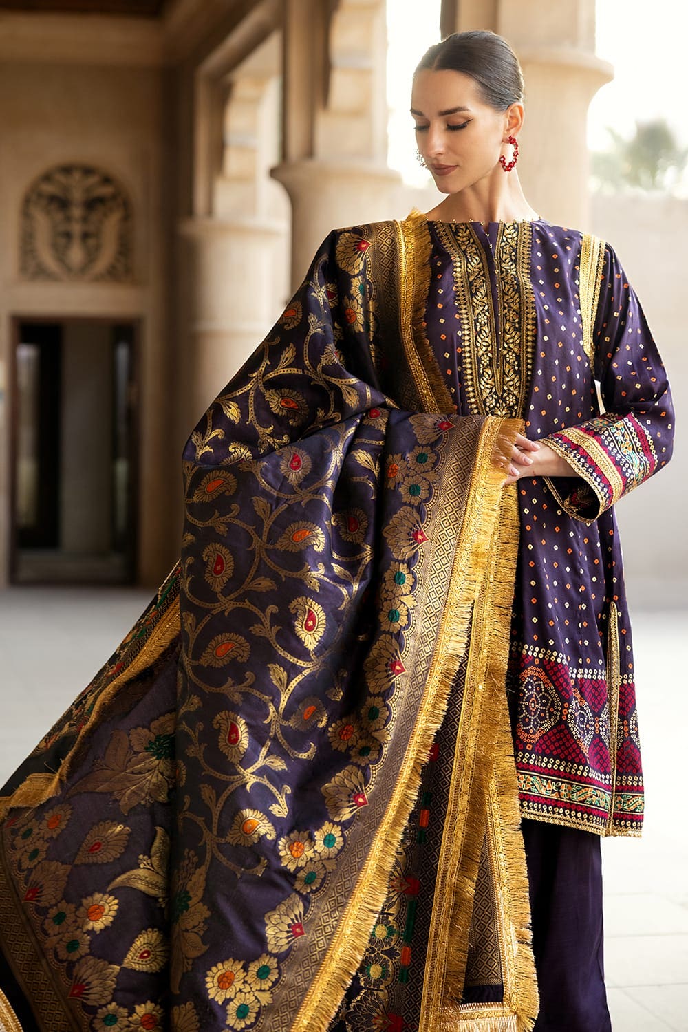 3 Piece Gold and Lacquer Printed Raw Silk Unstitched Suit with Jacquard Dupatta FE-42079