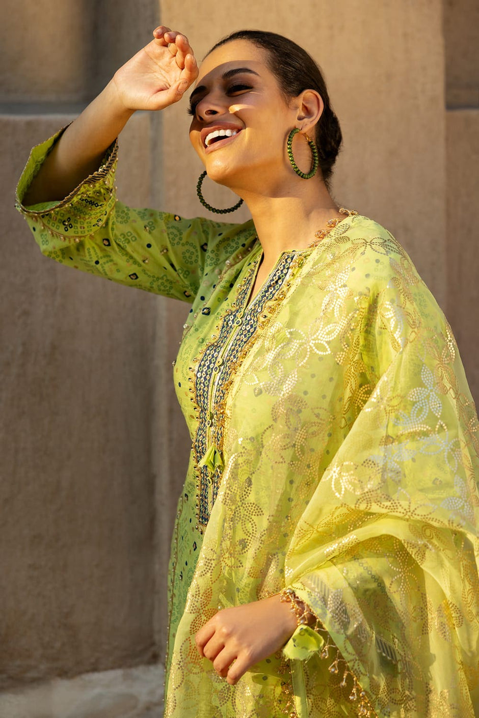 3 Piece Hand Embroidered Gold and Lacquer Printed Raw Silk Unstitched Suit with Gold Foil Printed Organza Dupatta