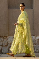 3 Piece Hand Embroidered Gold and Lacquer Printed Raw Silk Unstitched Suit with Gold Foil Printed Organza Dupatta FE-42080