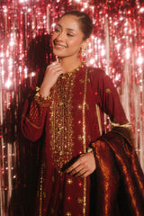 3 Piece Unstitched Embroidered Raw Silk Suit with Banarsi Dupatta FE-52075