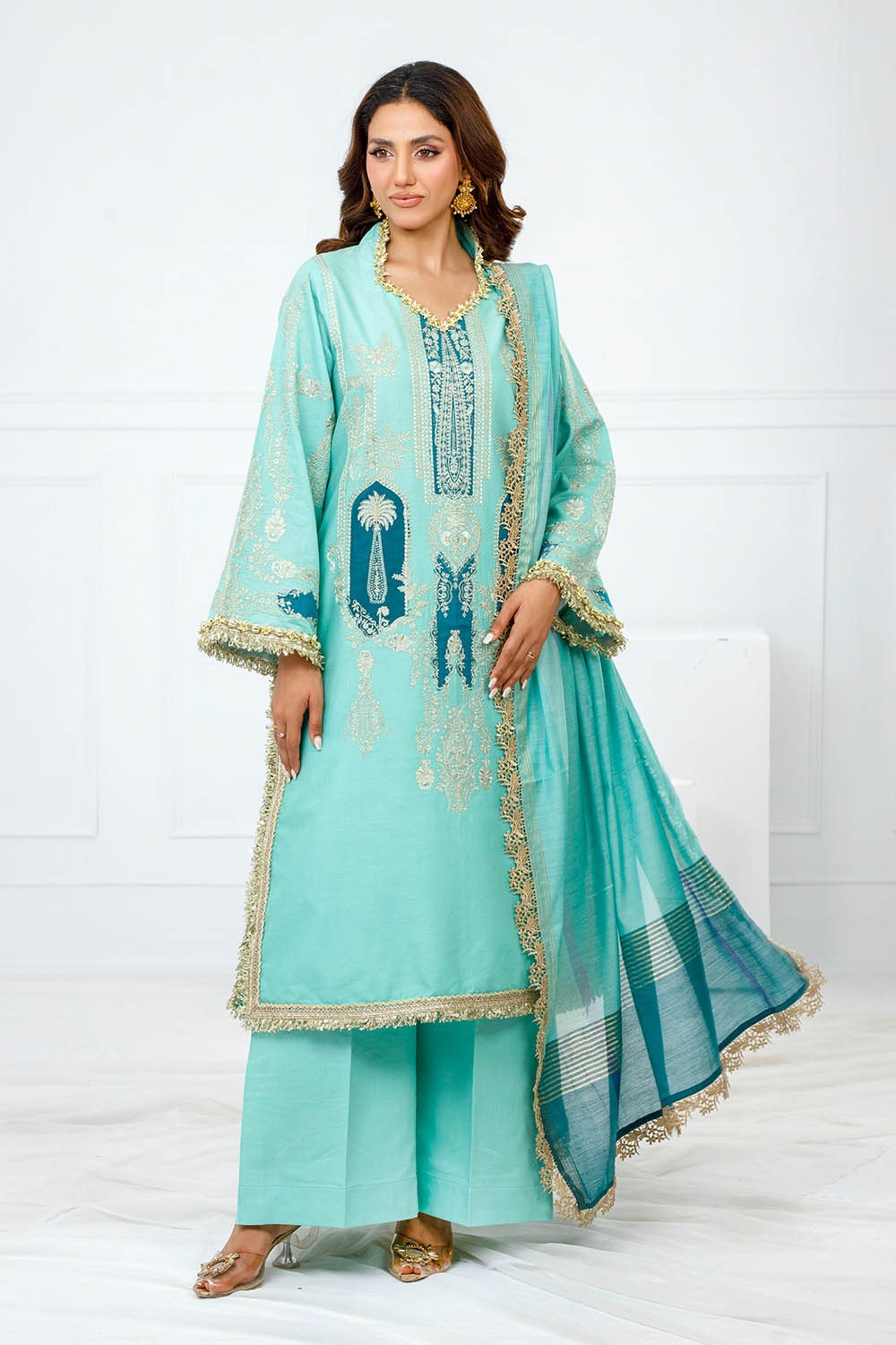3 Piece Unstitched Embroidered Lawn Suit with Yarn Dyed Dupatta FE-52083