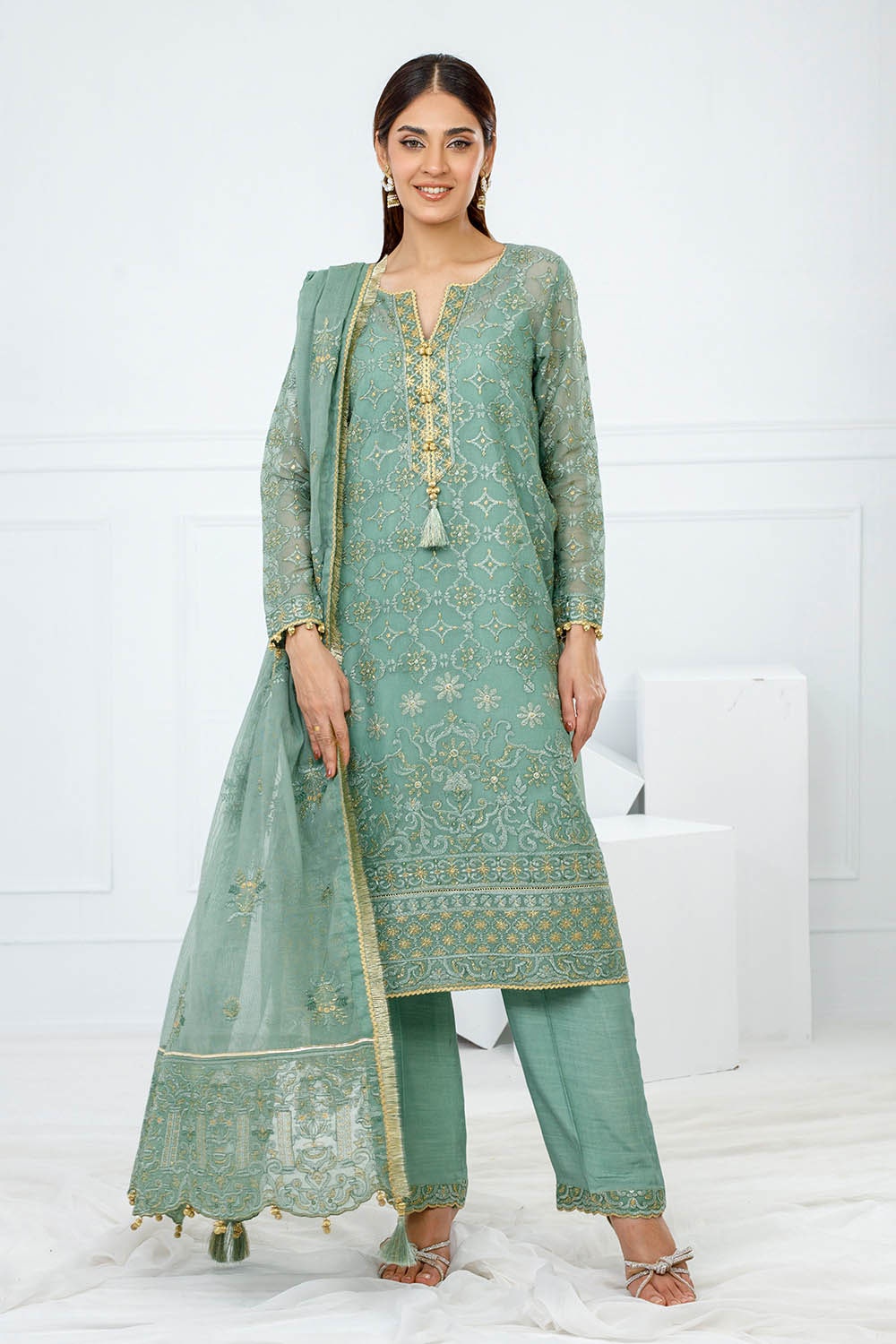 3 Piece Unstitched Embroidered Cotton Net Suit with Embroidered Cotton Net Dupatta FE-52088
