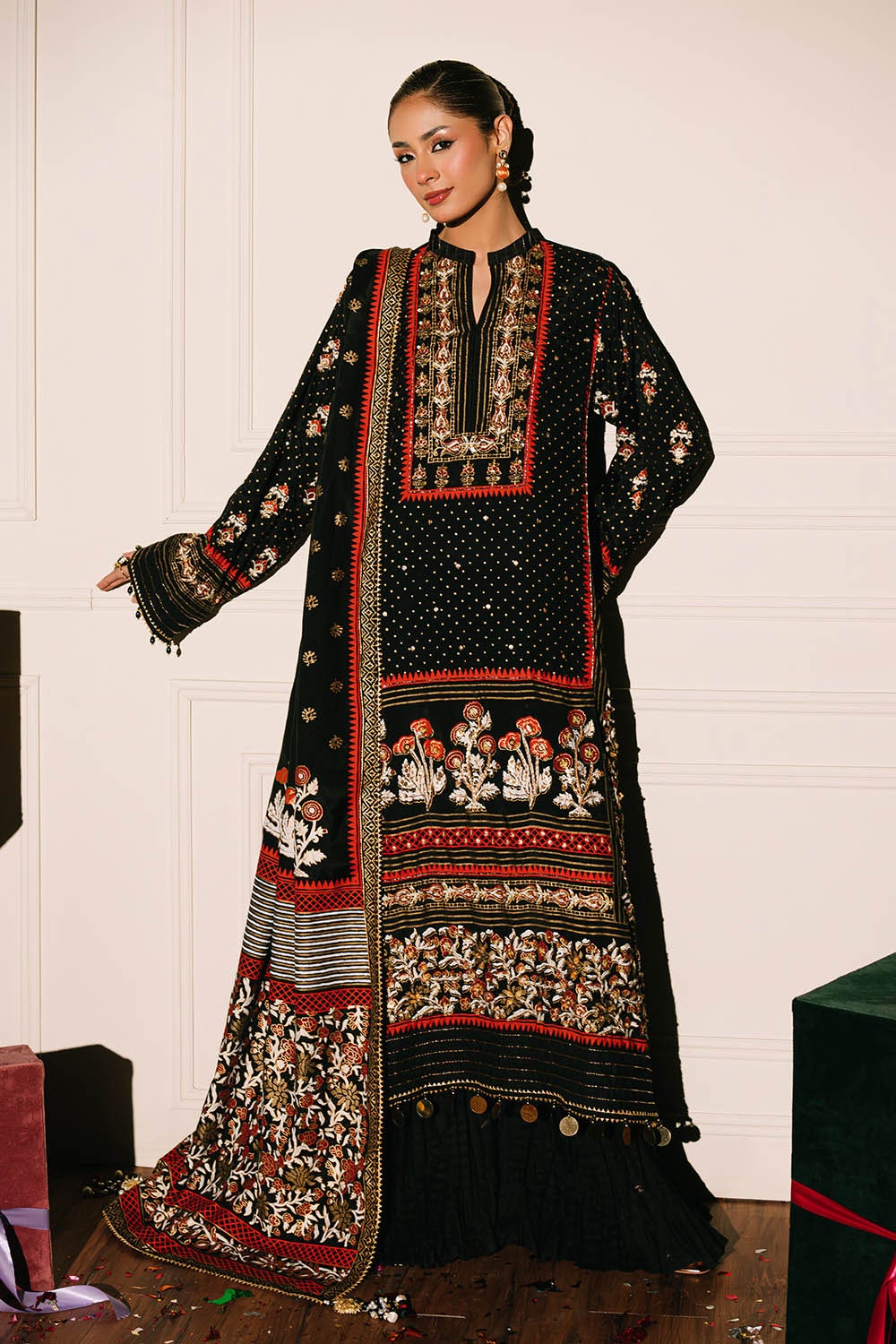 3 Piece Unstitched Embroidered Raw Silk Suit with Raw Silk Dupatta FE-52091