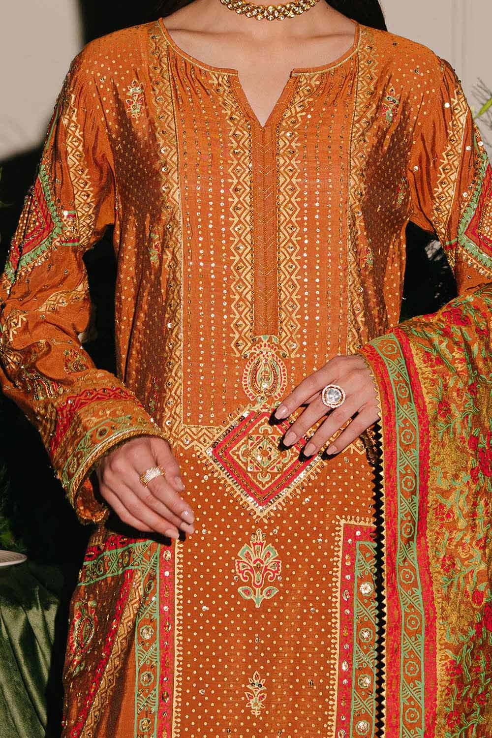 3 Piece Unstitched Embroidered Paper Cotton Suit with Paper Cotton Dupatta FE-52092