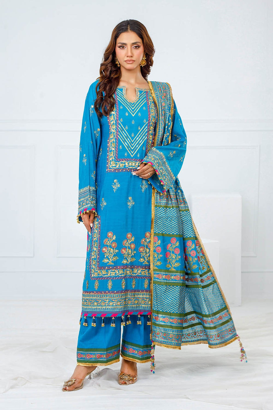 3 Piece Unstitched Embroidered Paper Cotton Suit with Paper Cotton Dupatta