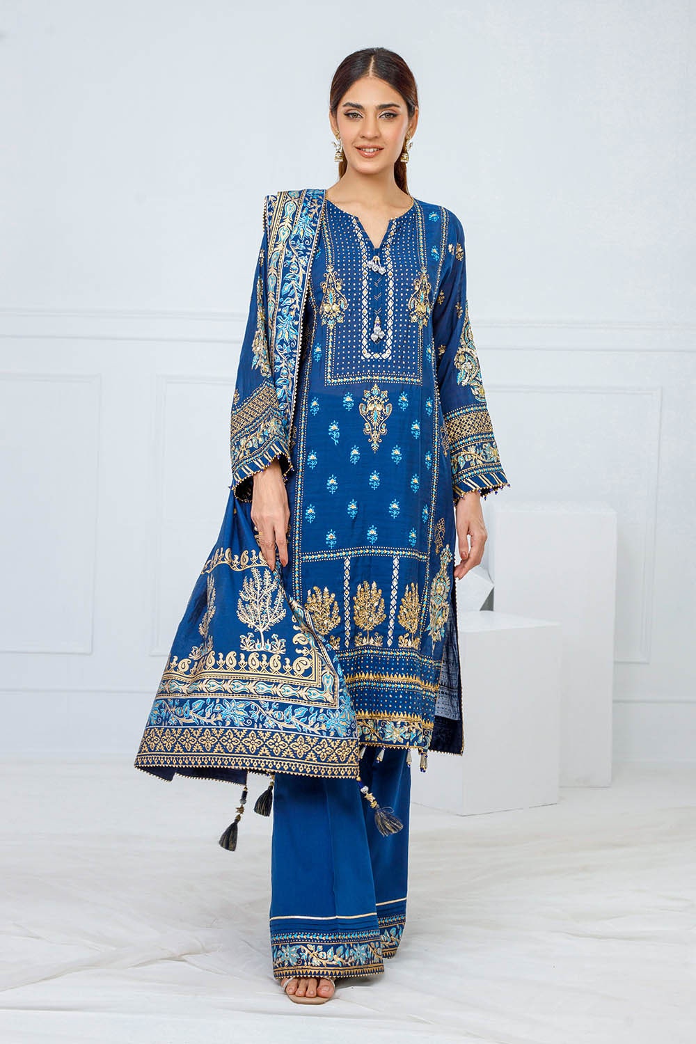 3 Piece Unstitched Embroidered Paper Cotton Suit with Paper Cotton Dupatta