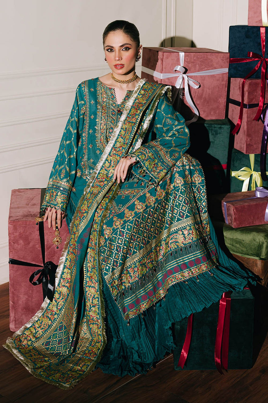 3 Piece Unstitched Embroidered Paper Cotton Suit with Paper Cotton Dupatta