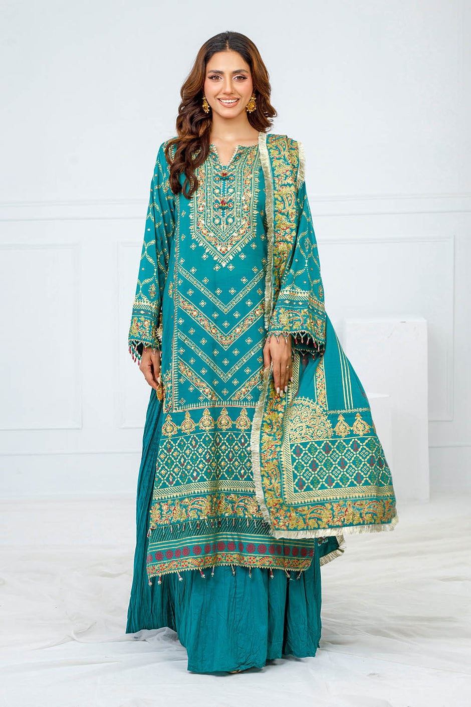 3 Piece Unstitched Embroidered Paper Cotton Suit with Paper Cotton Dupatta
