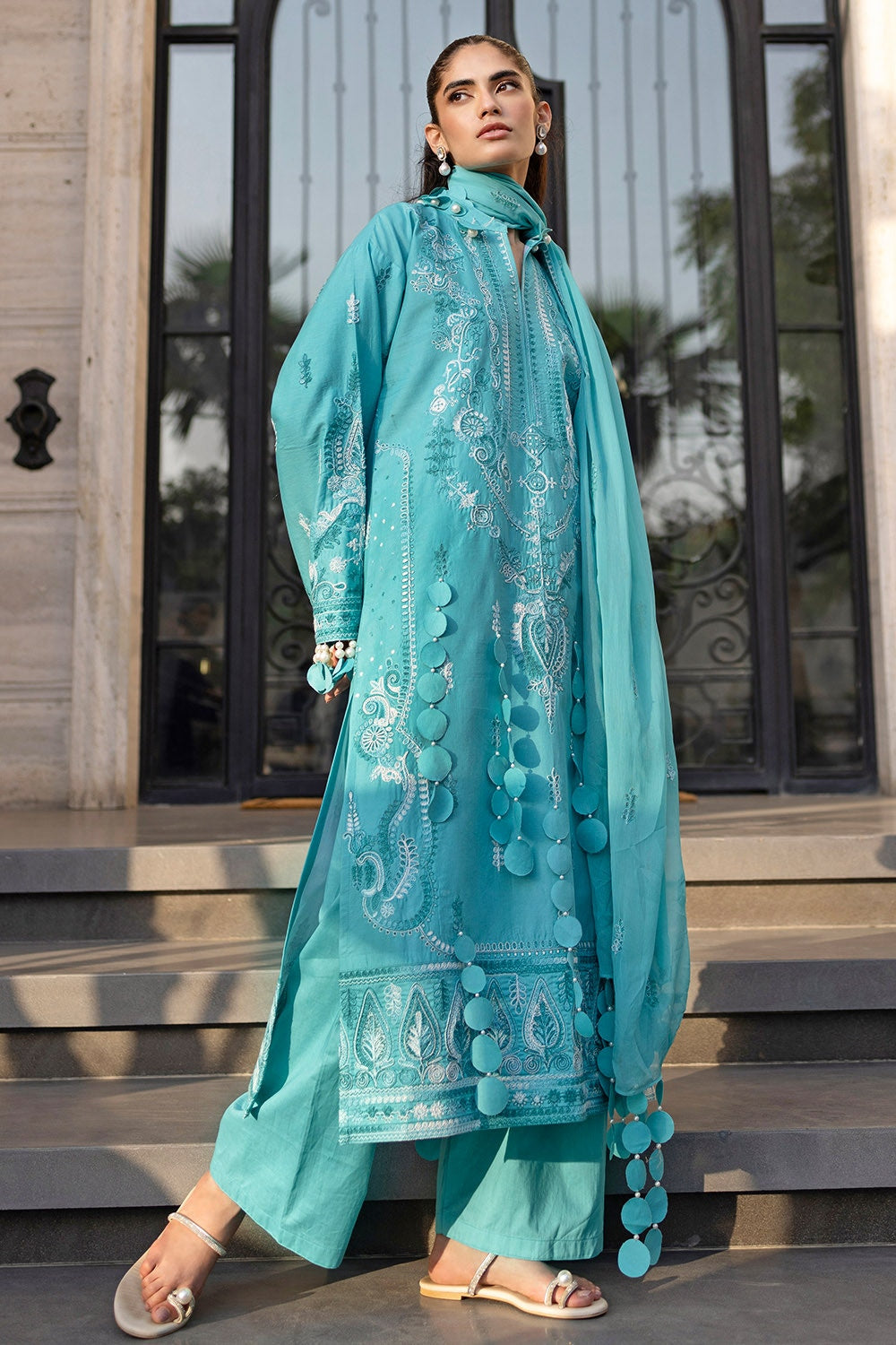 3 Piece Unstitched Embroidered Lawn Suit with Embroidered Chiffon Dupatta FE-52109