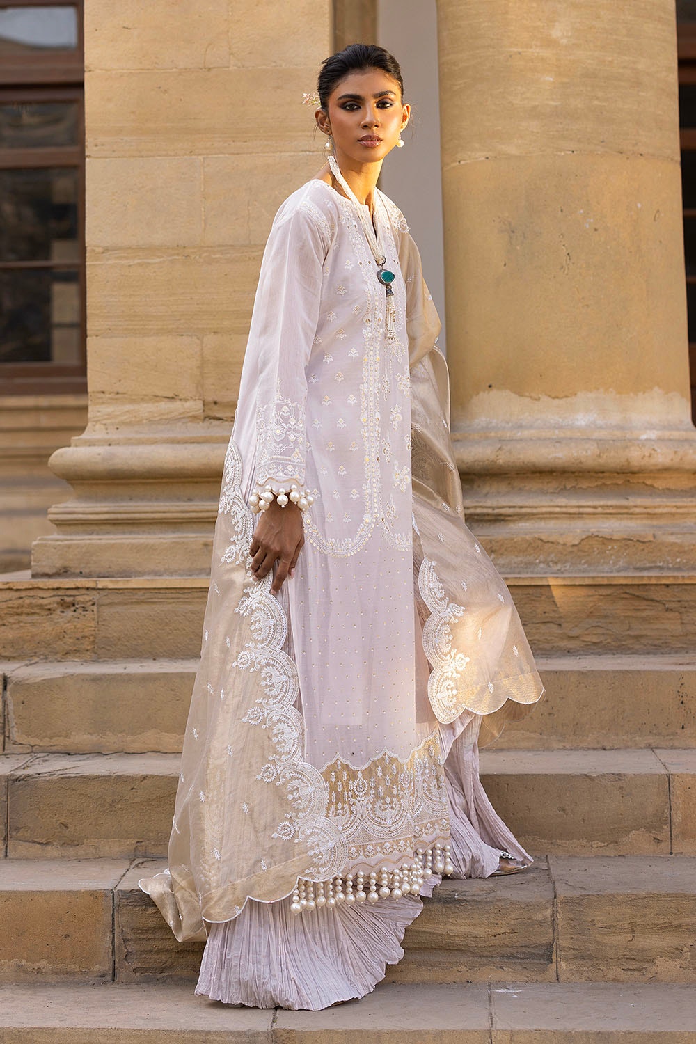 3 Piece Unstitched Embroidered Paper Cotton Suit with Embroidered Mehsuri Dupatta FE-52144