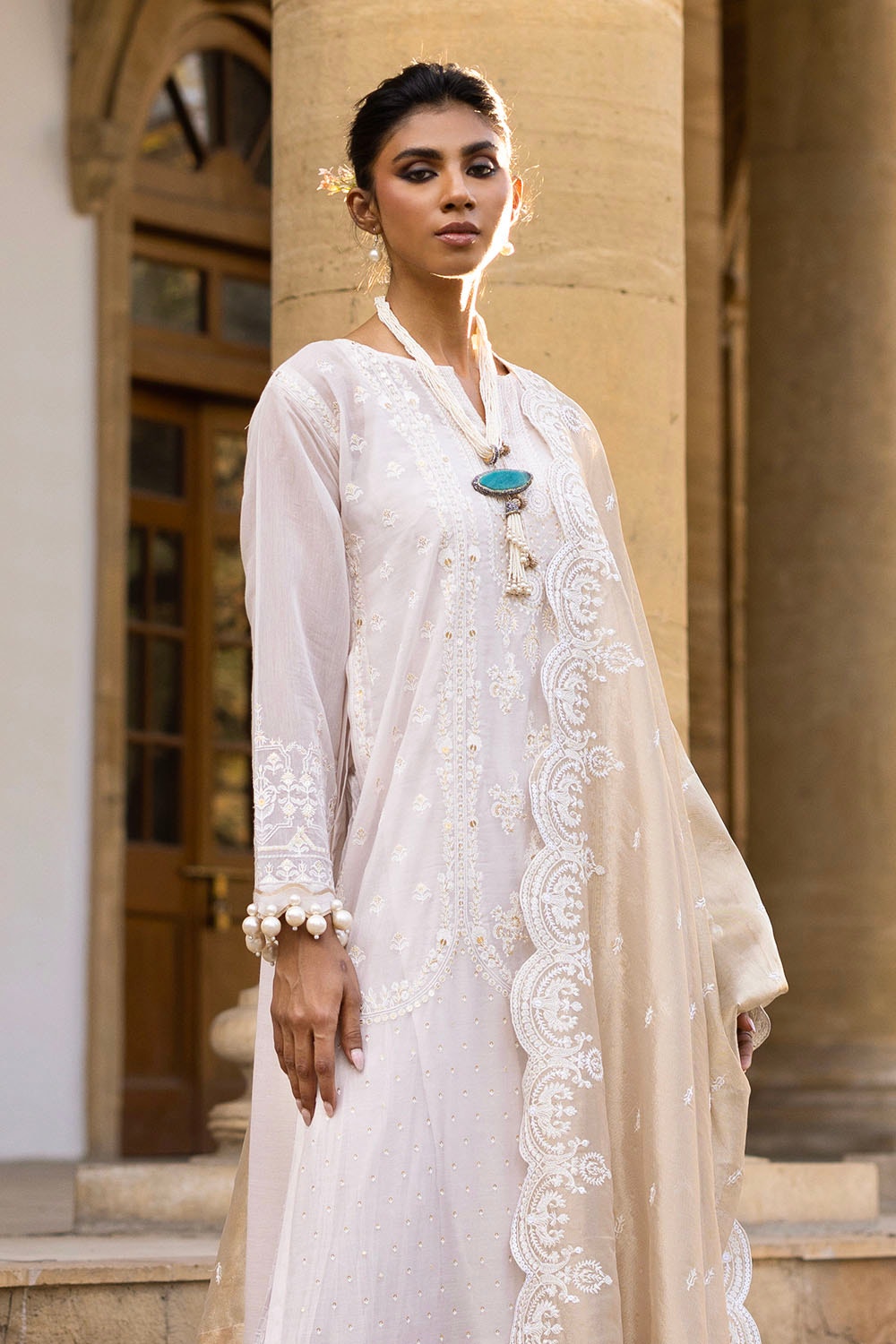 3 Piece Unstitched Embroidered Paper Cotton Suit with Embroidered Mehsuri Dupatta FE-52144