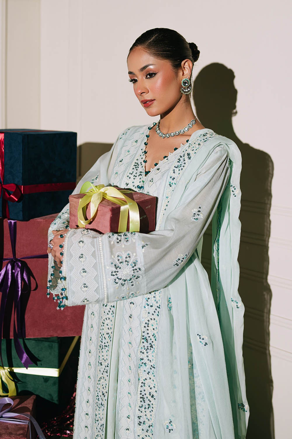 3 Piece Unstitched Embroidered Paper Cotton Suit with Embroidered Chiffon Dupatta FE-52153