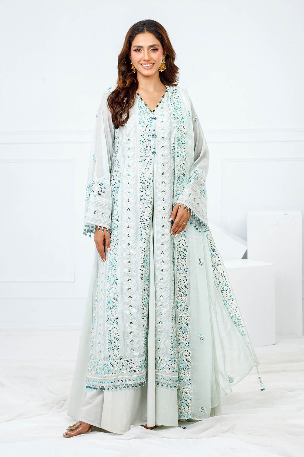 3 Piece Unstitched Embroidered Paper Cotton Suit with Embroidered Chiffon Dupatta FE-52153
