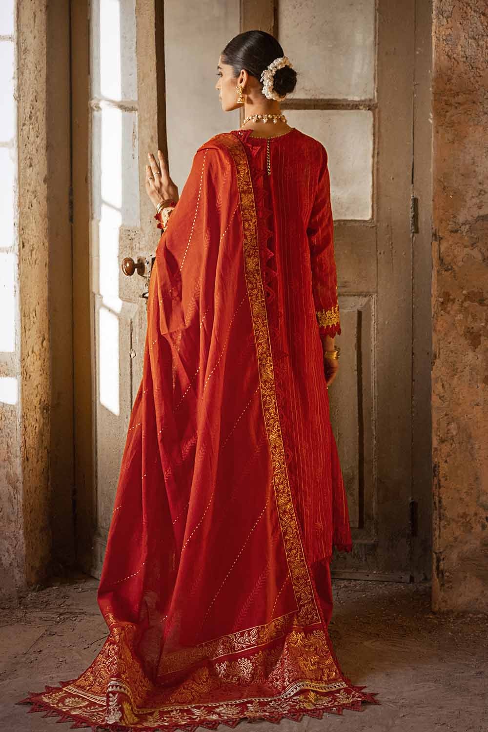 3 Piece Embroidered Lacquer Printed Zari Stripe Unstitched Suit with Gold & Lacquer Printed Mehsuri Dupatta with Embroidered Mehsuri Border FE-32088