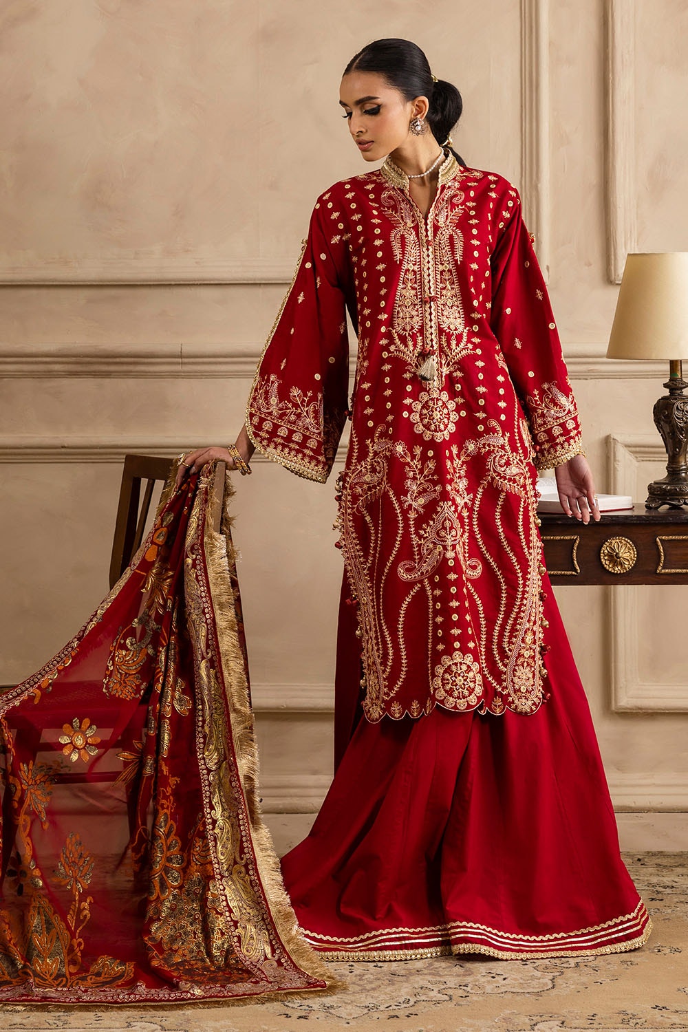 3 Piece Unstitched Embroidered Lawn Suit with Foil & Lacquer Printed Chiffon Dupatta