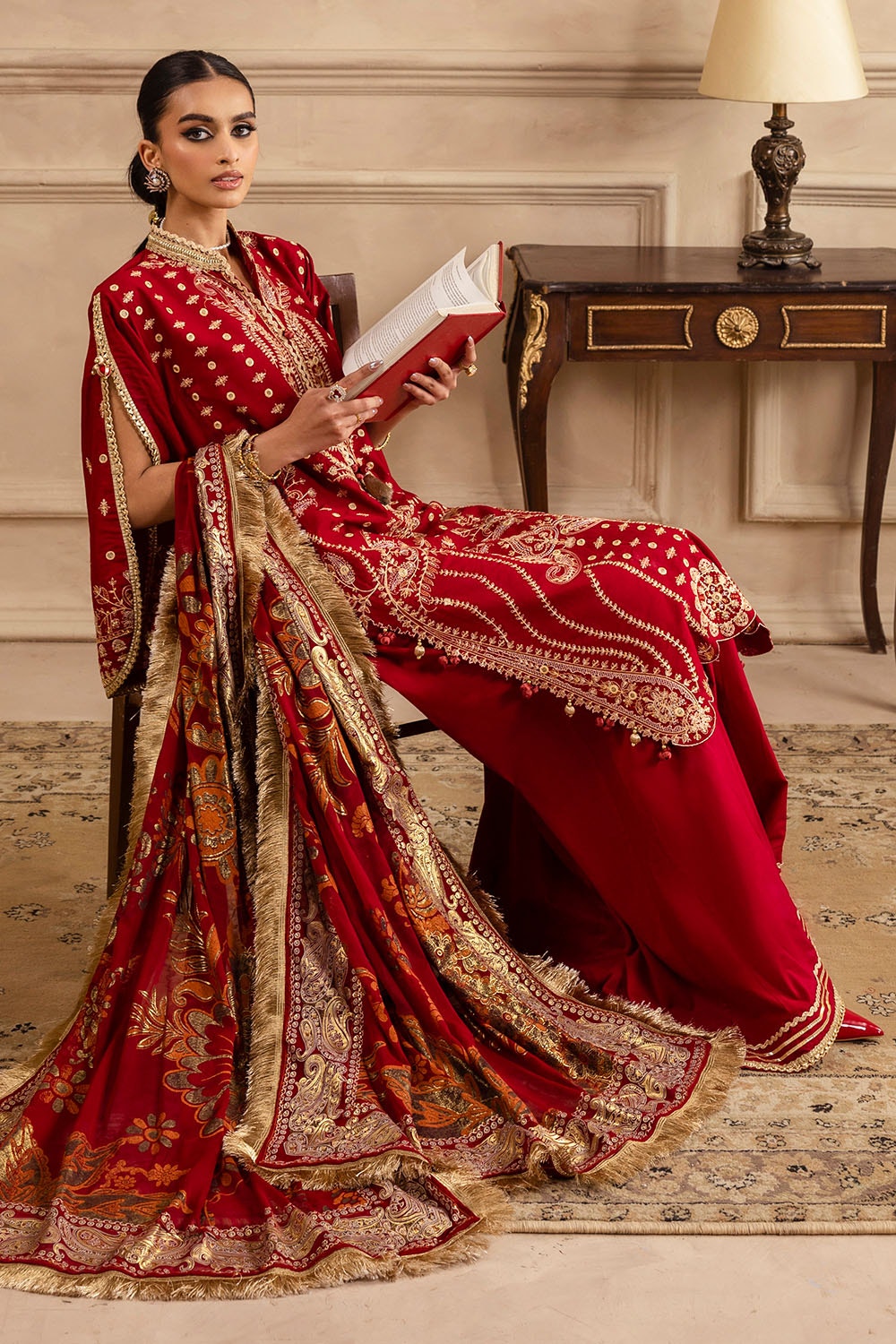 3 Piece Unstitched Embroidered Lawn Suit with Foil & Lacquer Printed Chiffon Dupatta