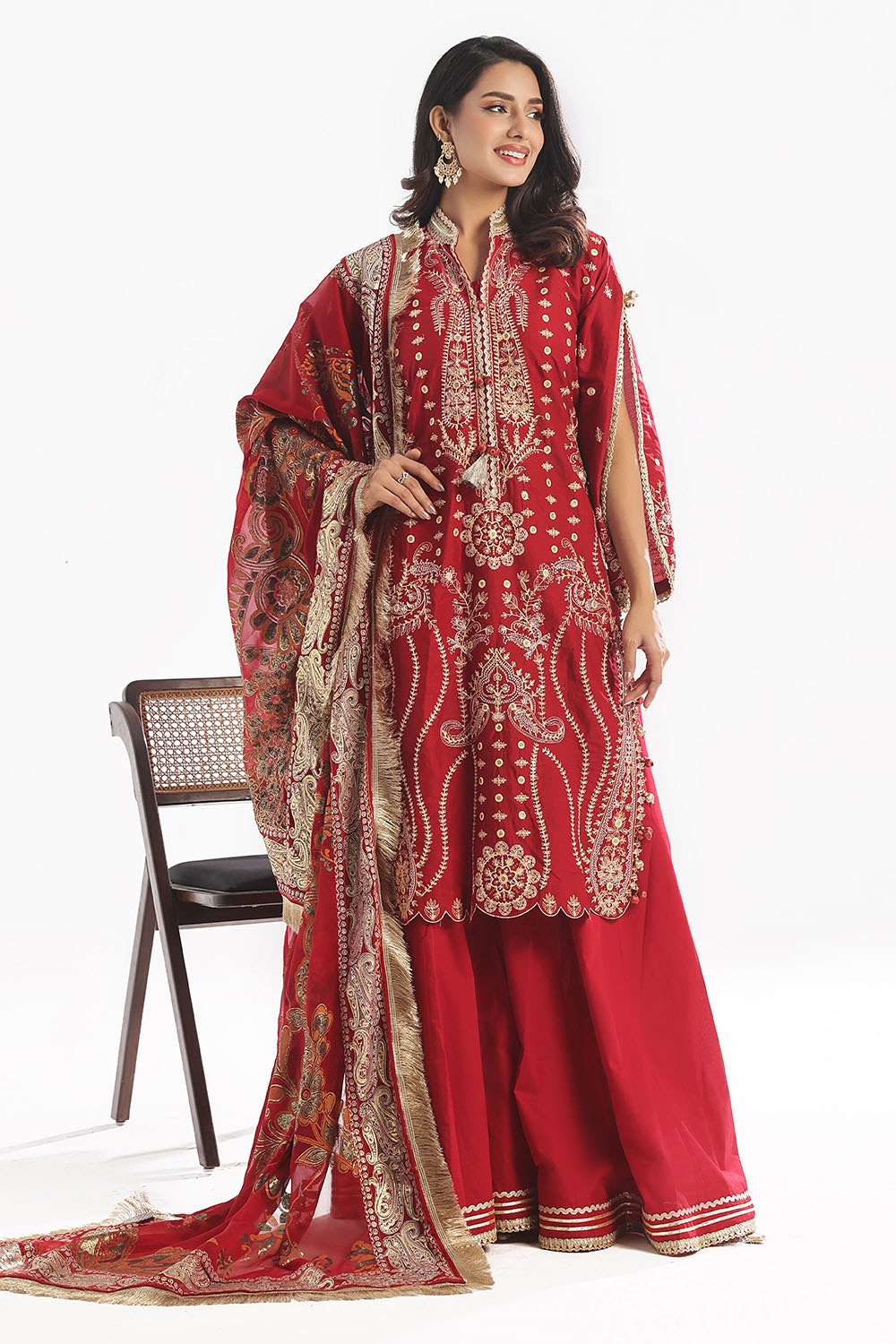 3 Piece Unstitched Embroidered Lawn Suit with Foil & Lacquer Printed Chiffon Dupatta
