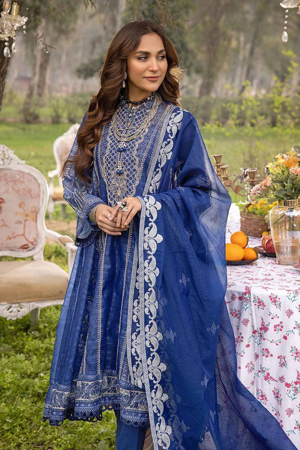 3 Piece Embroidered Paper Cotton Unstitched Suit with Embroidered Stripe Dupatta