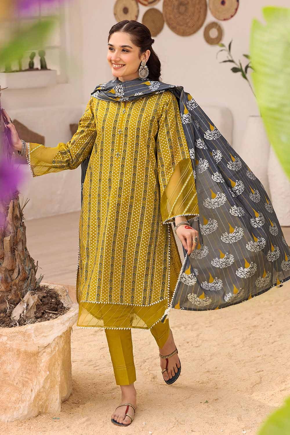 3 Piece silver Printed Lawn Unstitched Suit with Gota Lace