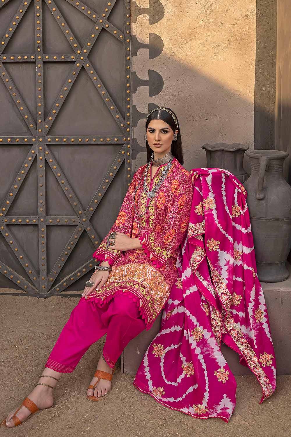 3 Piece Gold Printed Unstitched Suit with Embroidered Dupatta