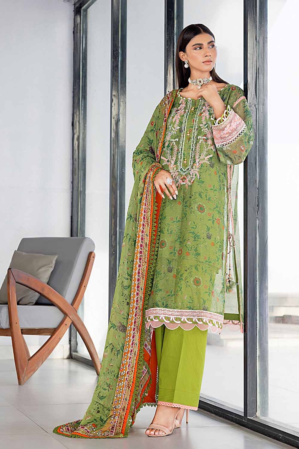 3 Piece Embroidered Digital Printed Cotton Net Unstitched Suit with Digital Printed Silk Dupatta with Lace SSM-32031