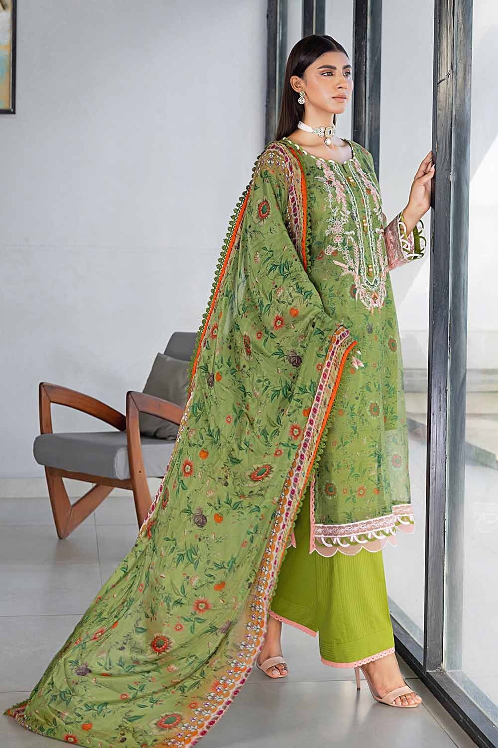 3 Piece Embroidered Digital Printed Cotton Net Unstitched Suit with Digital Printed Silk Dupatta with Lace SSM-32031