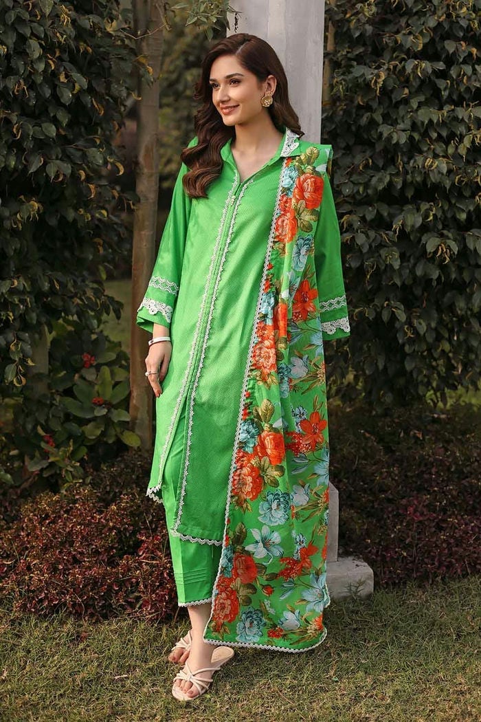 3 Piece Dobby Lawn Unstitched Suit With Laces and Denting Lawn Dupatta DN-32061