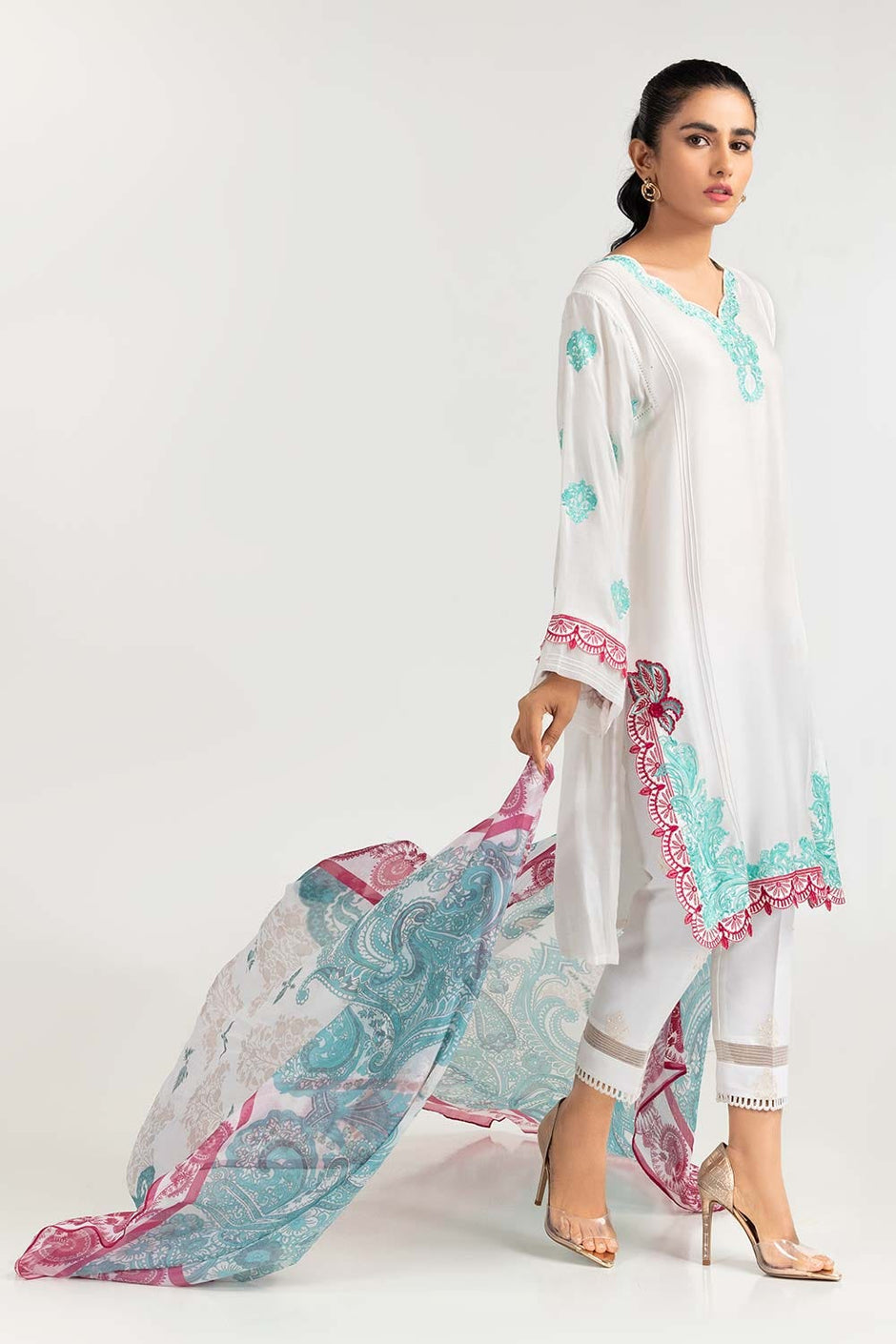 2 Piece Khadi Net Embroidered Shirt With Dupatta