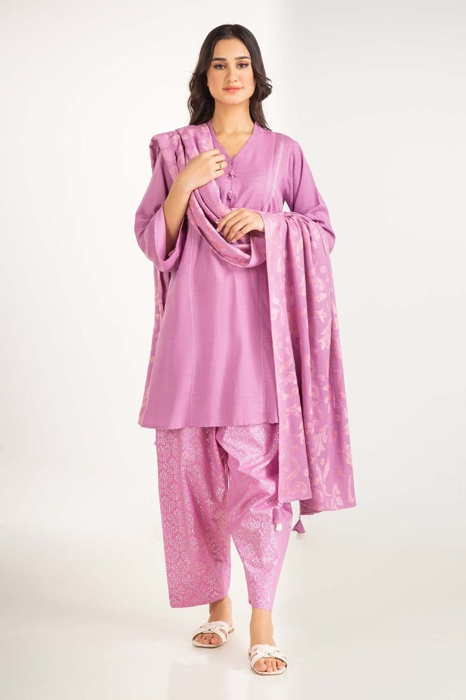 Dyed Acrylic Viscose Embelished Shirt With Velvet Jacquard Shawl GLM-23-60