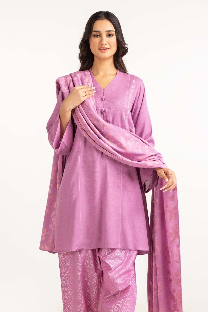 Dyed Acrylic Viscose Embelished Shirt With Velvet Jacquard Shawl GLM-23-60