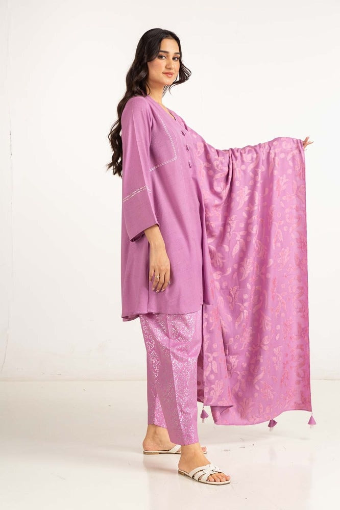 Dyed Acrylic Viscose Embelished Shirt With Velvet Jacquard Shawl GLM-23-60