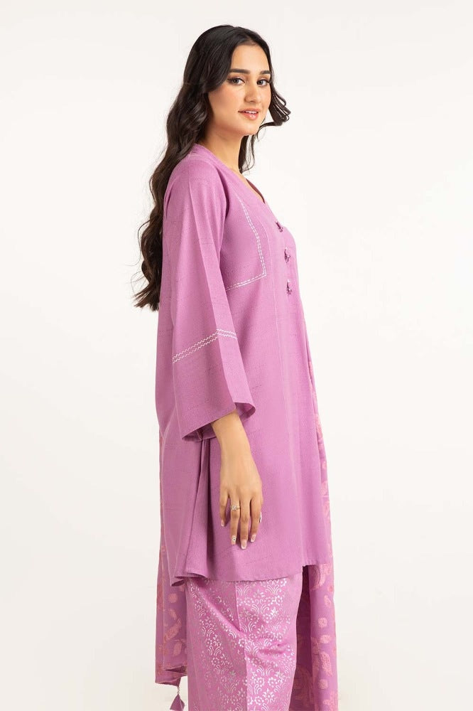 Dyed Acrylic Viscose Embelished Shirt With Velvet Jacquard Shawl GLM-23-60