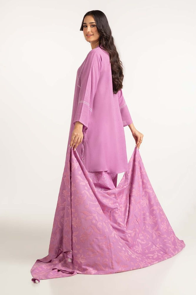 Dyed Acrylic Viscose Embelished Shirt With Velvet Jacquard Shawl GLM-23-60